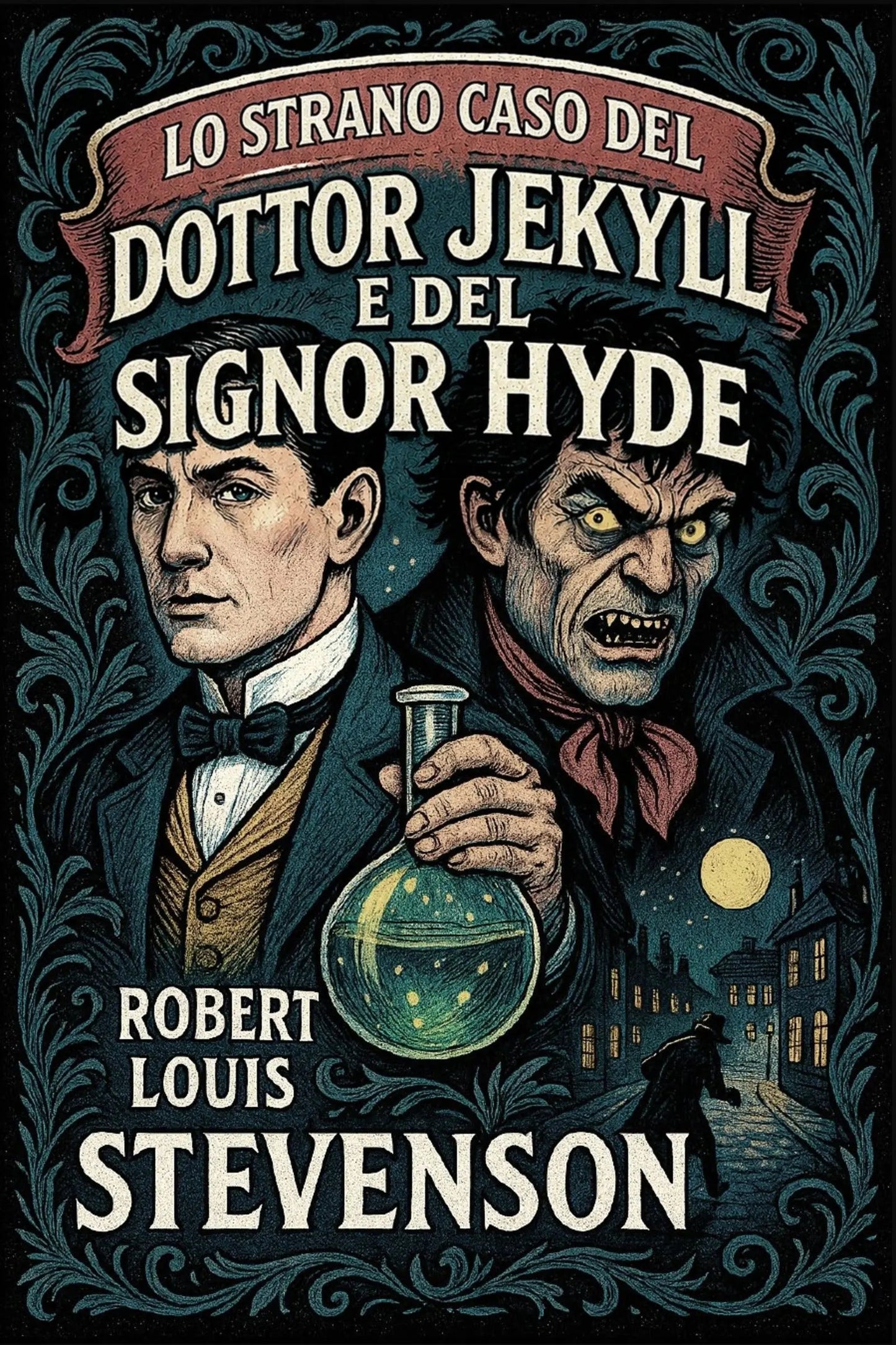 Book cover for 'Lo strano caso del dottor Jekyll e del signor Hyde' by Robert Louis Stevenson, featuring illustrated portraits of Dr. Jekyll and Mr.