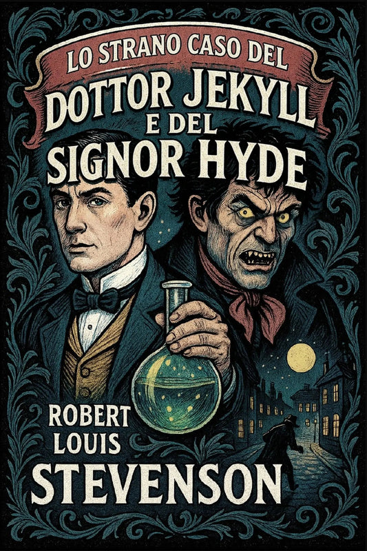 Book cover for 'Lo strano caso del dottor Jekyll e del signor Hyde' by Robert Louis Stevenson, featuring illustrated portraits of Dr. Jekyll and Mr.