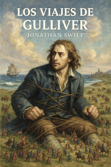 Book cover of 'Los viajes de Gulliver' by Jonathan Swift with a man tied to a tree and ship in the background.