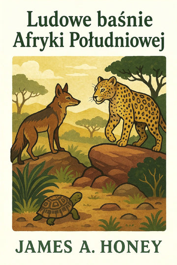 Book cover with illustration of a fox and leopard in an African savanna, featuring the title 'Ludowe baśnie Afryki Południowej' and author's name 'James A. Honey'.