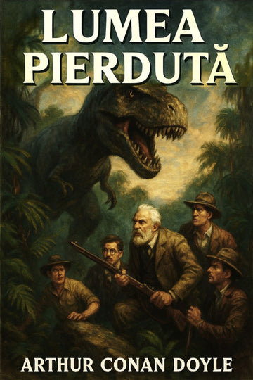 Book cover of 'Lumea pierdută' by Arthur Conan Doyle featuring a dinosaur and men in a jungle setting.