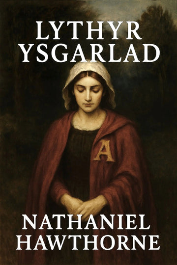 Book cover for 'Lythyr Ysgarlad' by Nathaniel Hawthorne, featuring a classical painting of a woman in a red cloak with a gold letter 'A' on her chest, set against a dark background with white serif text.