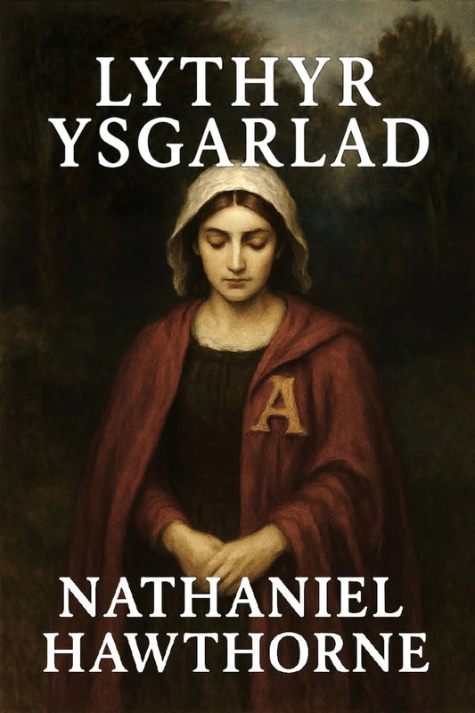 Book cover for 'Lythyr Ysgarlad' by Nathaniel Hawthorne, featuring a classical painting of a woman in a red cloak with a gold letter 'A' on her chest, set against a dark background with white serif text.