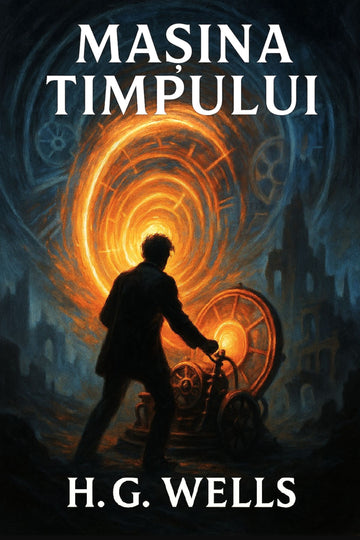 Book cover of 'Mașina timpului' by H.G. Wells with a silhouette of a man and a time machine.