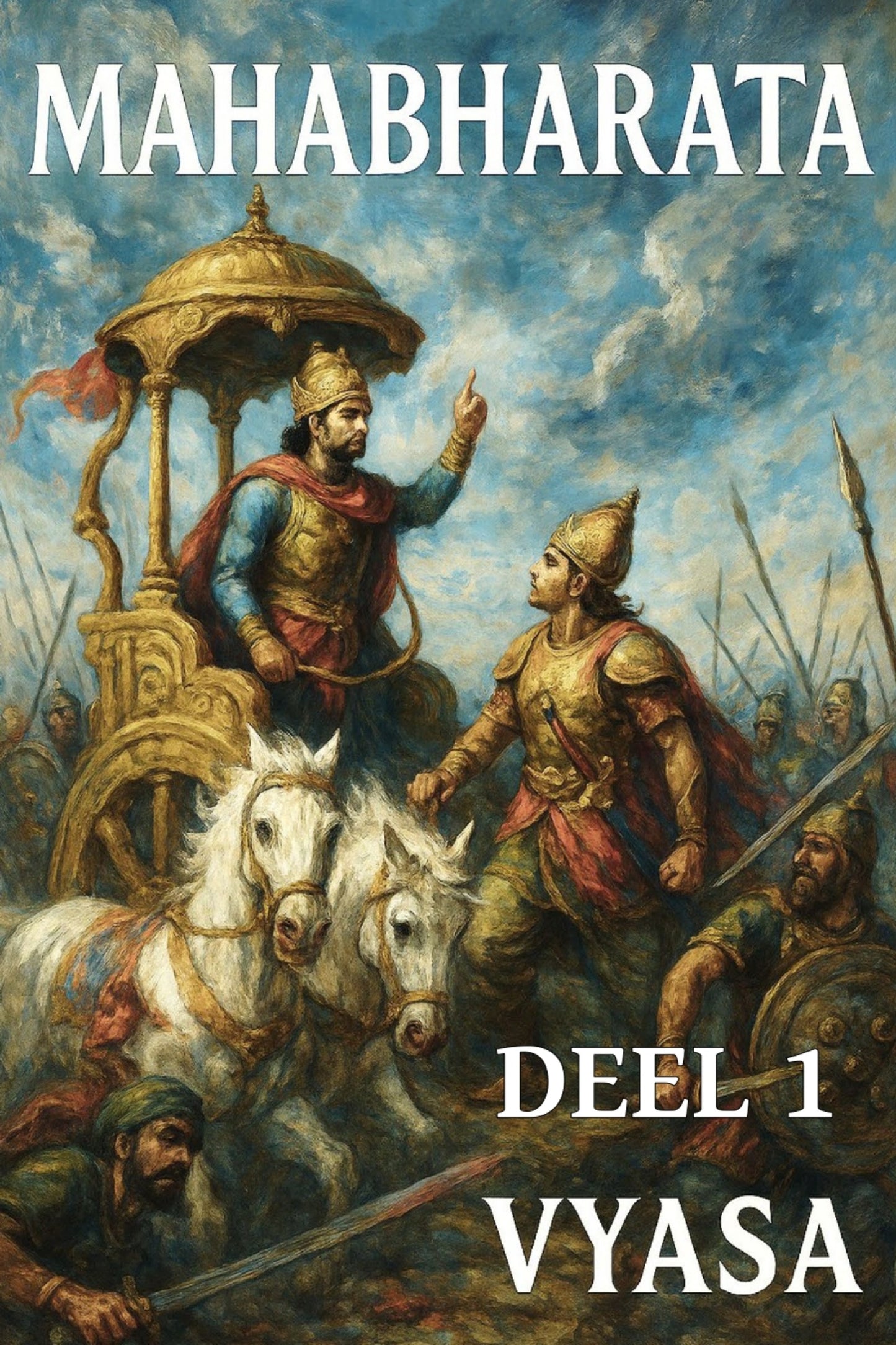 Cover of 'Mahabharata Deel 1' with two warriors on horseback and battle scene.