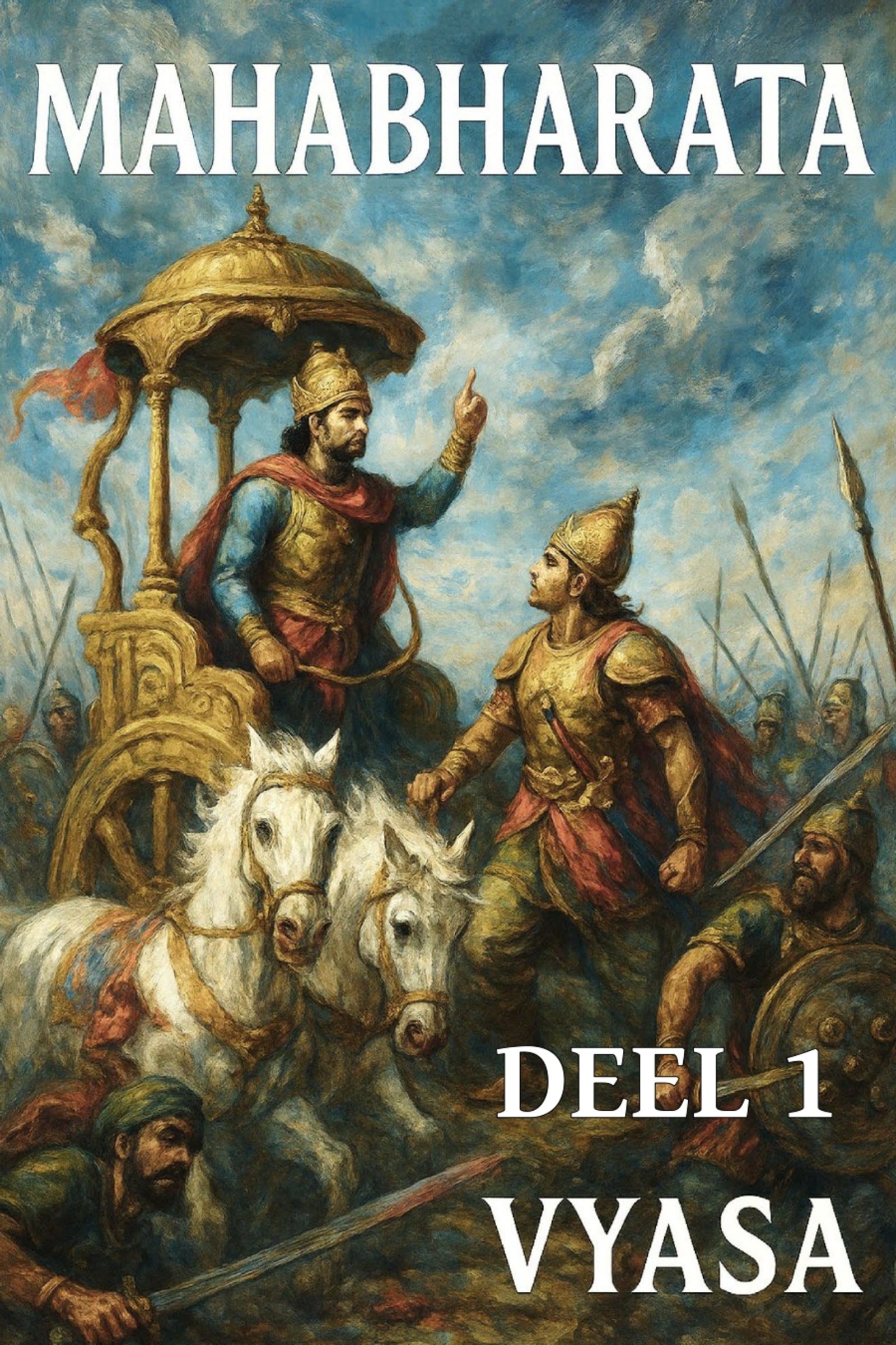 Cover of 'Mahabharata Deel 1' with two warriors on horseback and battle scene.