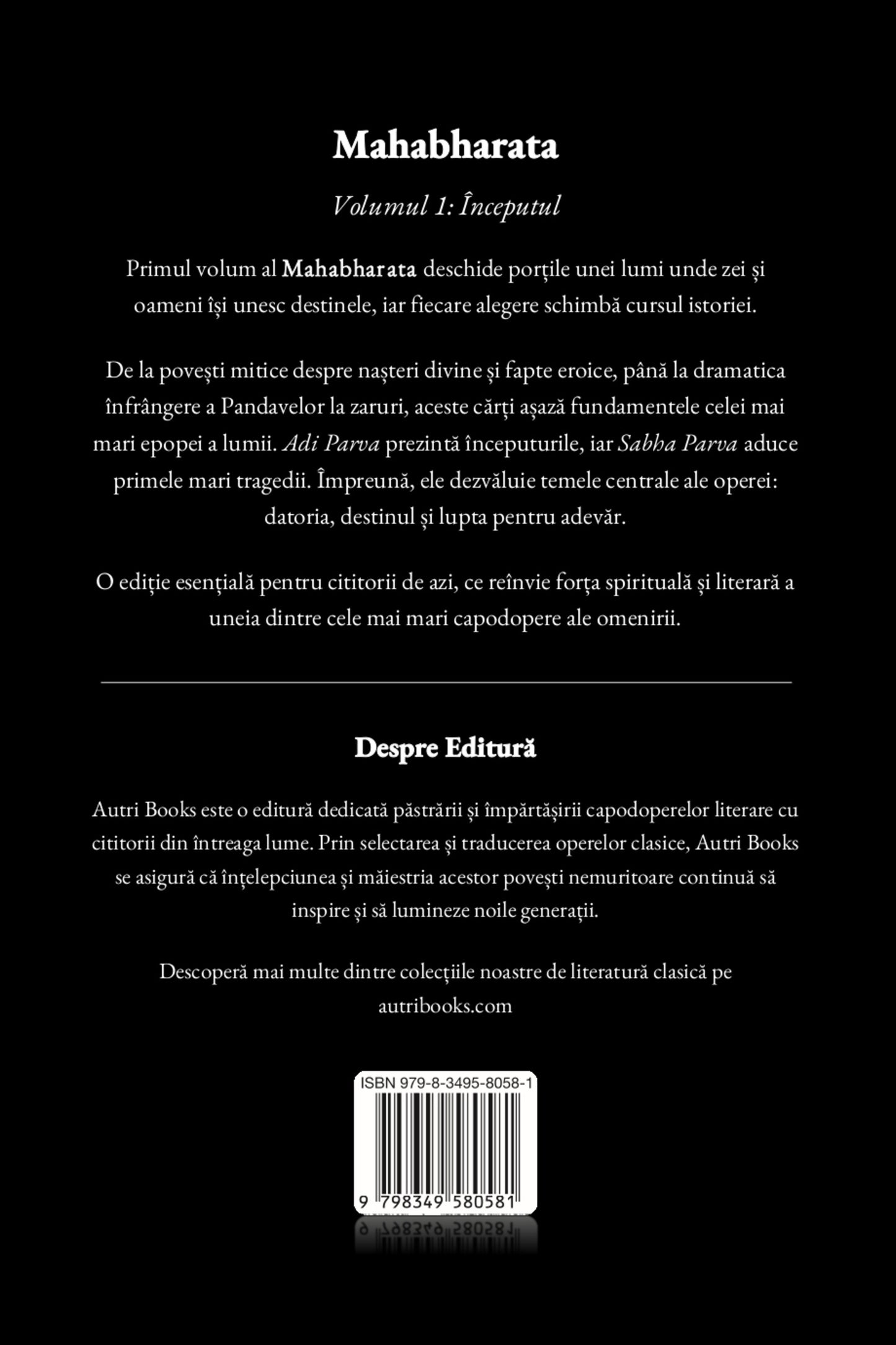 Back cover of a book titled 'Mahabharata' with text and a barcode.