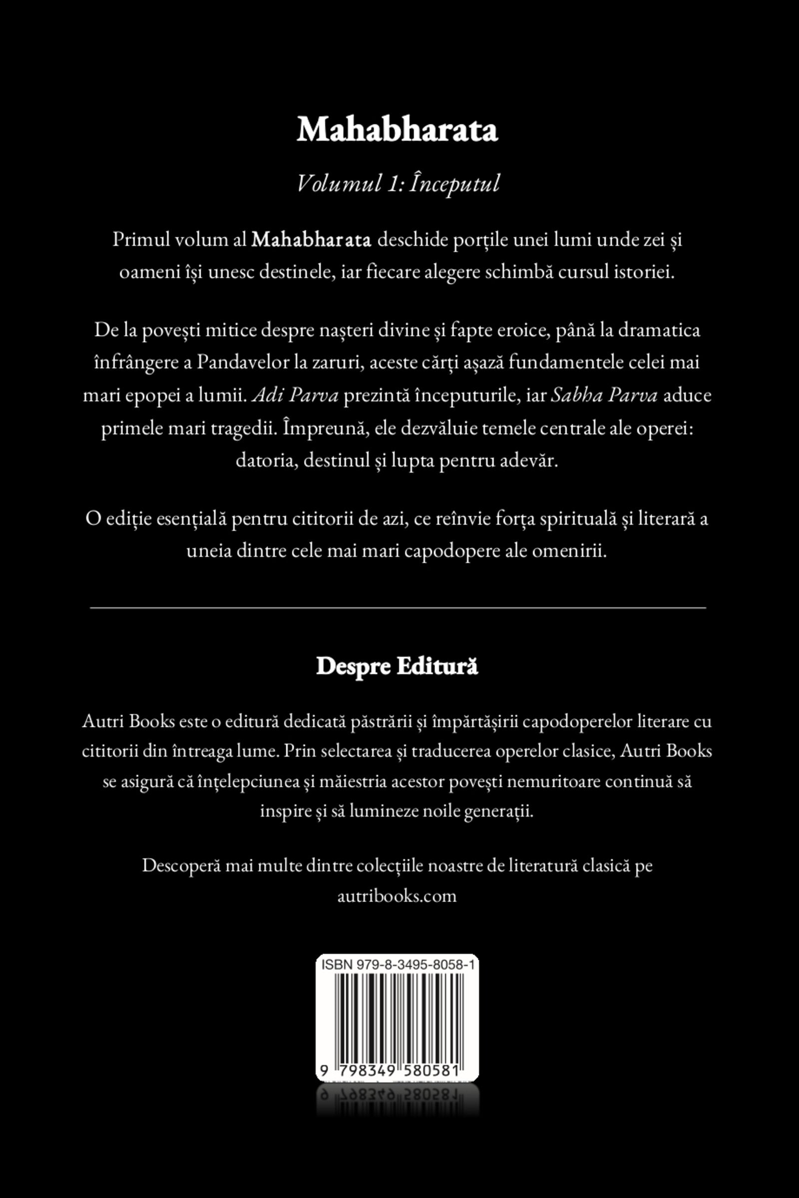 Back cover of a book titled 'Mahabharata' with text and a barcode.