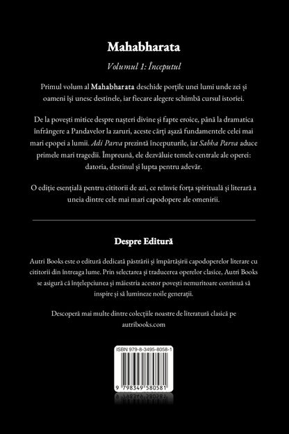 Back cover of a book titled 'Mahabharata' with text and a barcode.