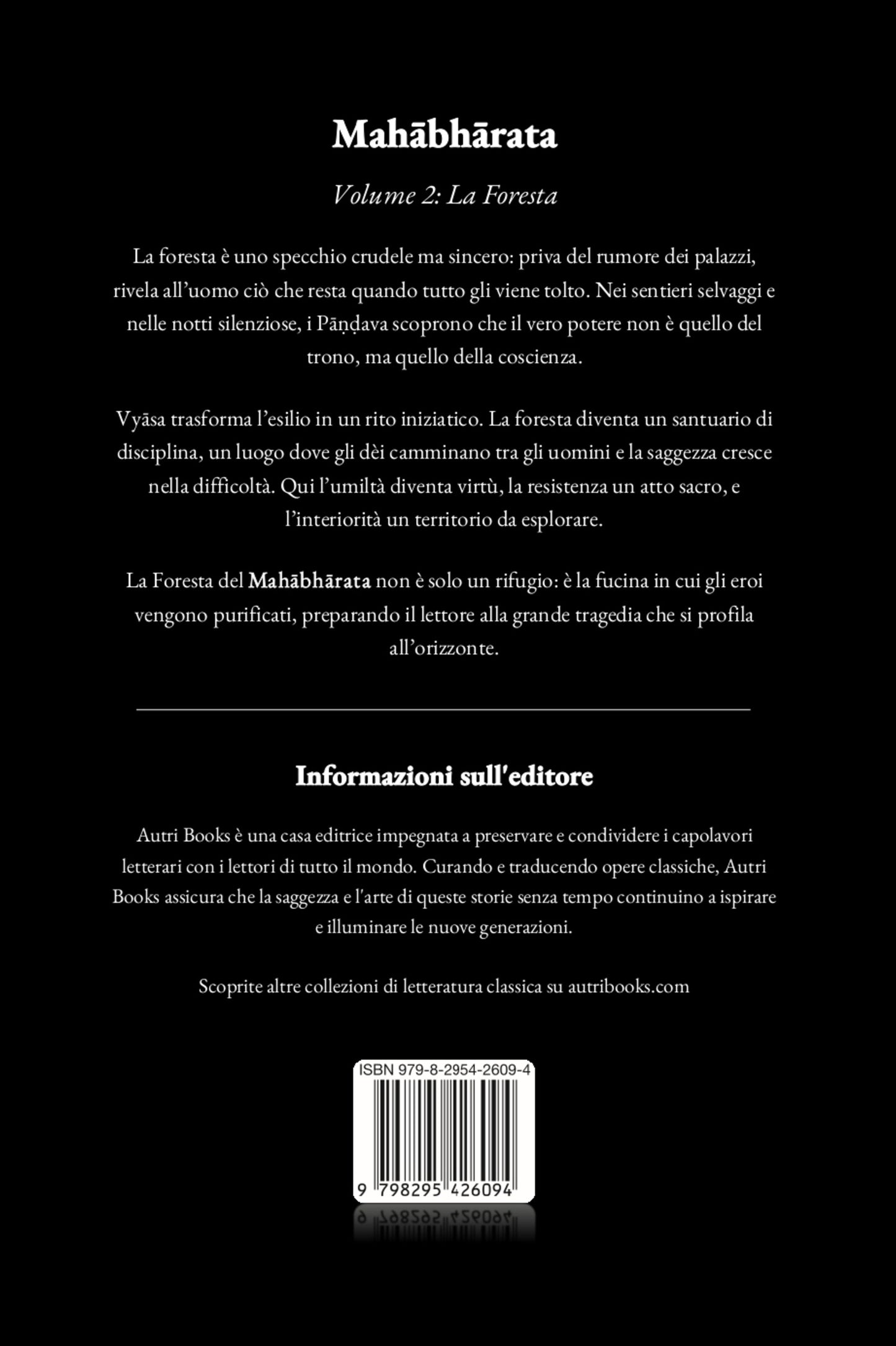 Back cover of a book titled 'Mahèbhárata Volume 2: La Foresta' with text on a black background