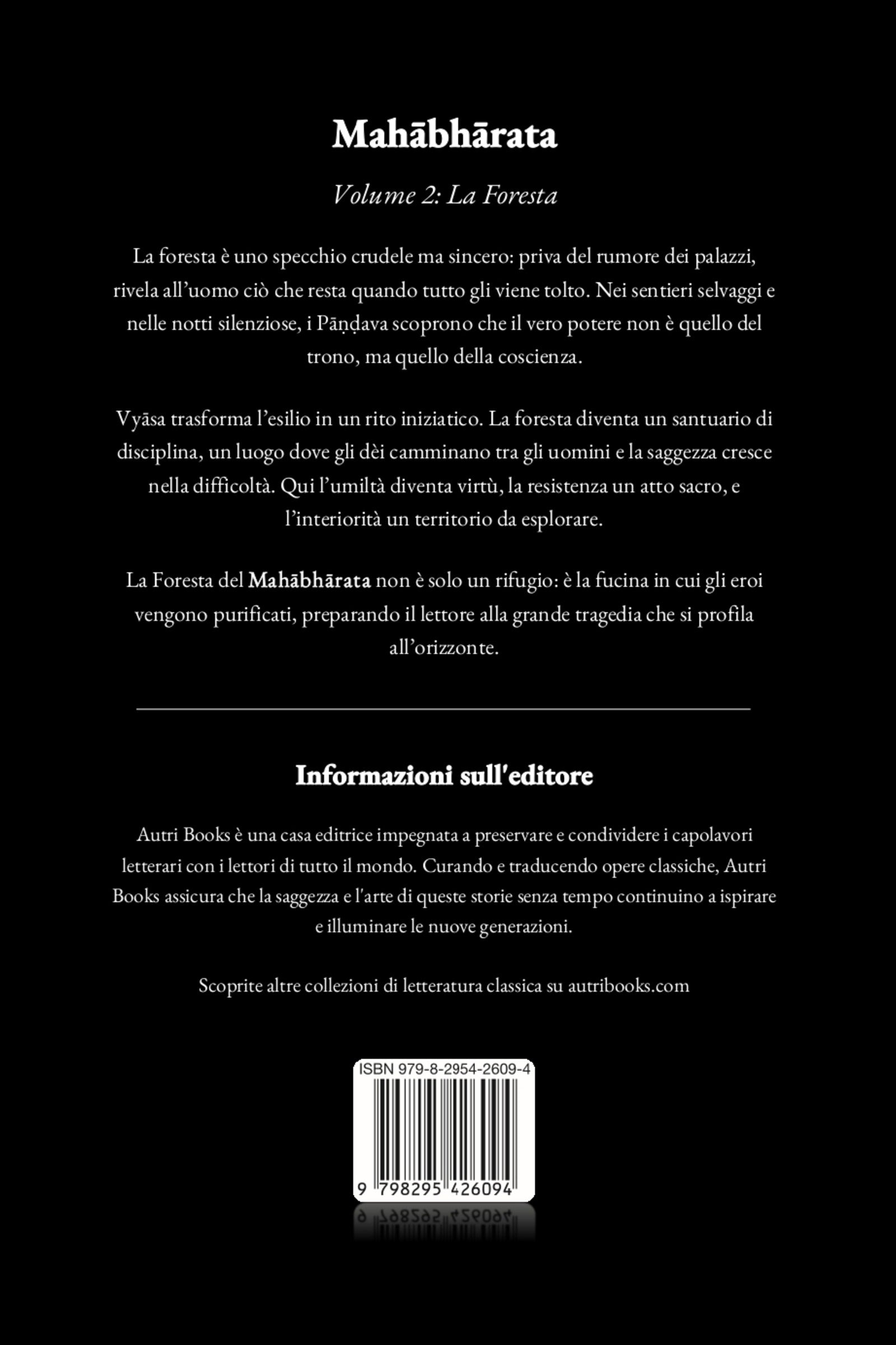 Back cover of a book titled 'Mahèbhárata Volume 2: La Foresta' with text on a black background