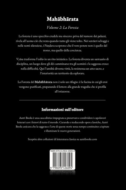 Back cover of a book titled 'Mahèbhárata Volume 2: La Foresta' with text on a black background