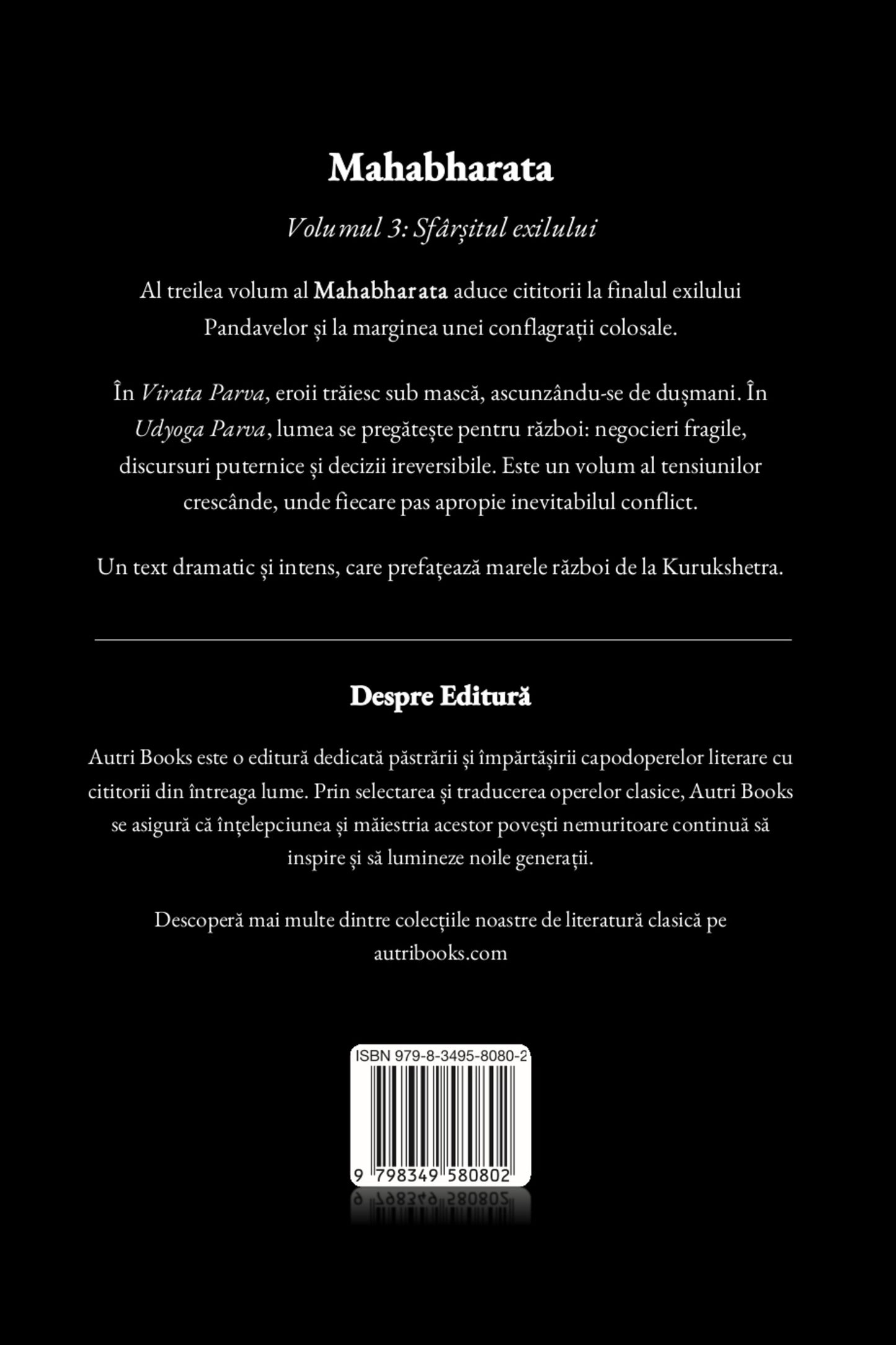 Back cover of a book titled 'Mahabharata' with text and a black background
