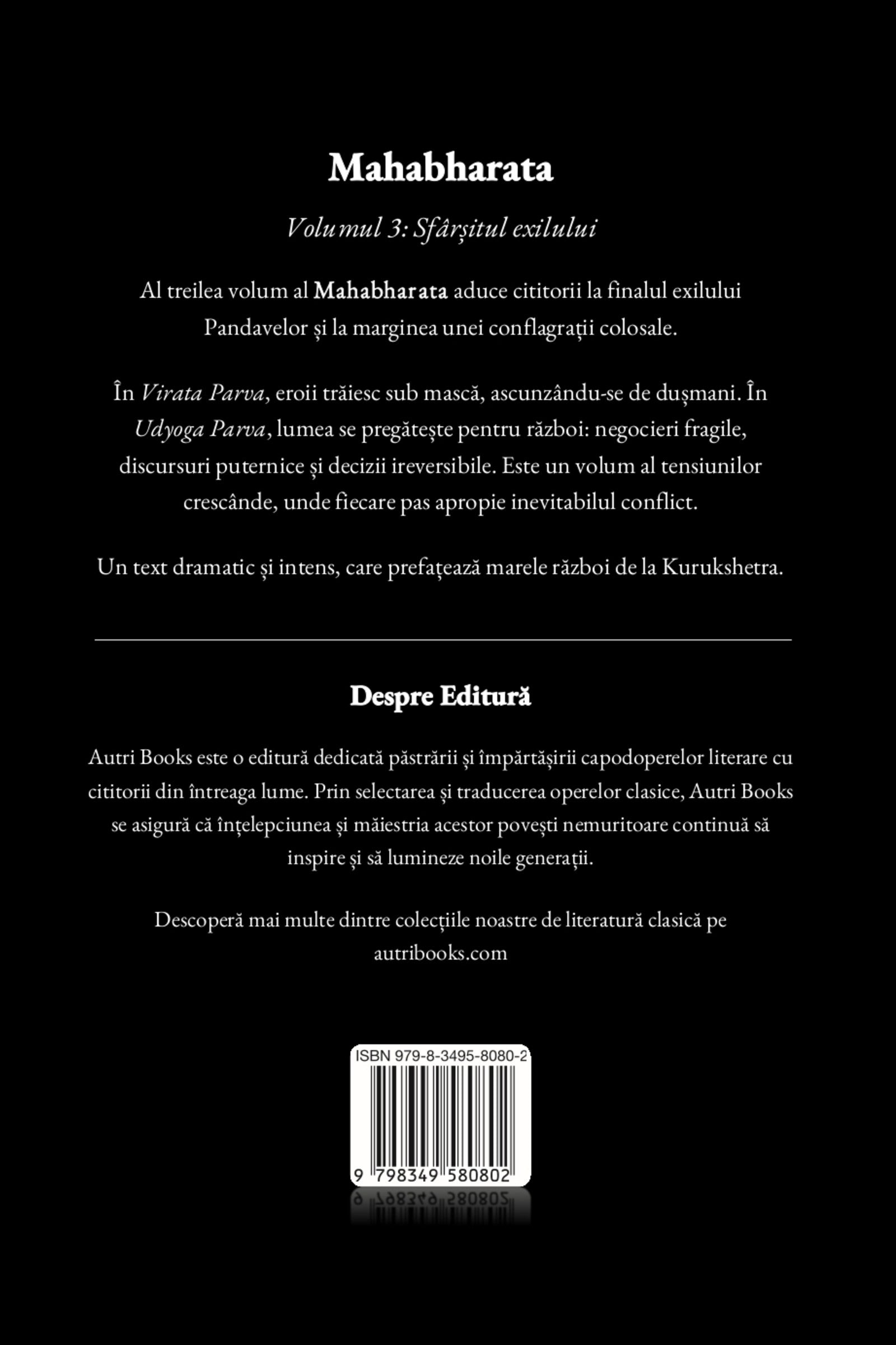 Back cover of a book titled 'Mahabharata' with text and a black background