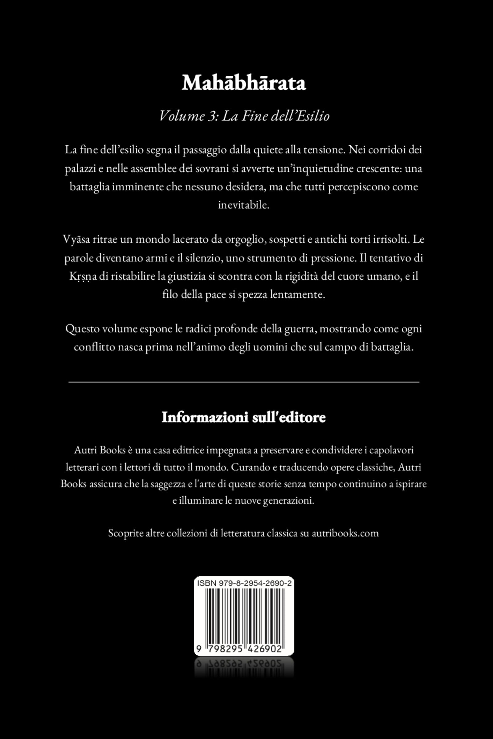 Back cover of a book titled 'Mahábhárata' with text and a black background