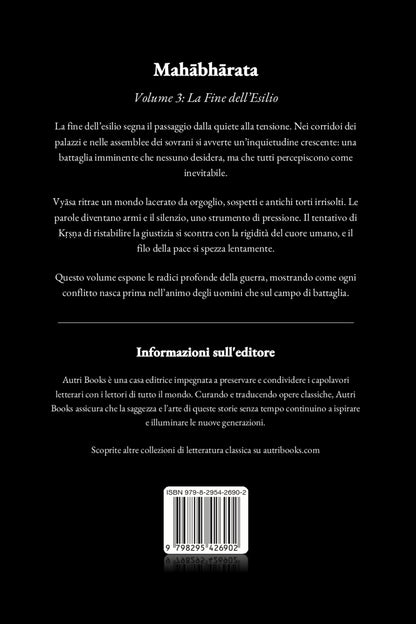 Back cover of a book titled 'Mahábhárata' with text and a black background