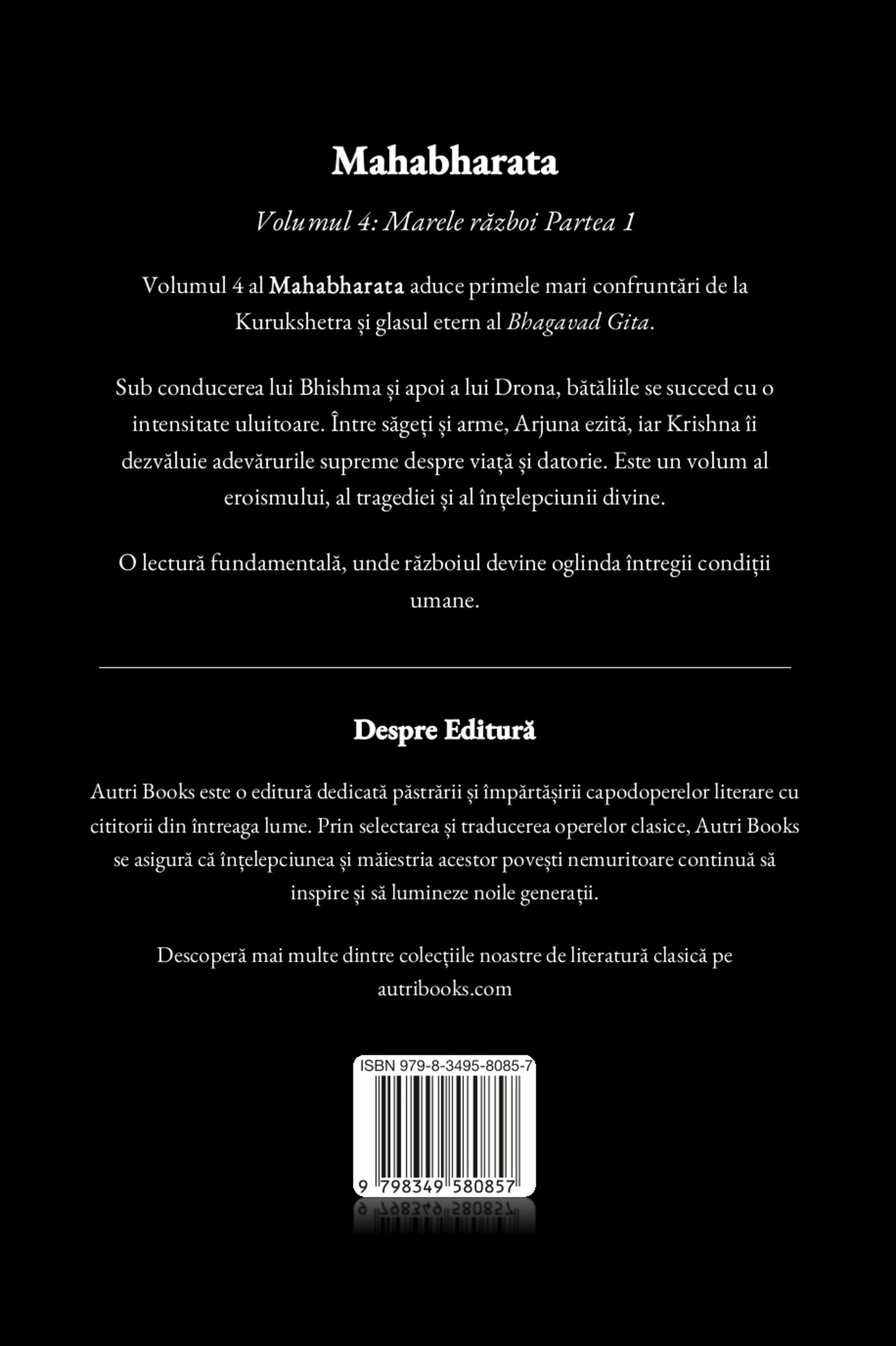 Back cover of a book titled 'Mahabharata' with text in Romanian.