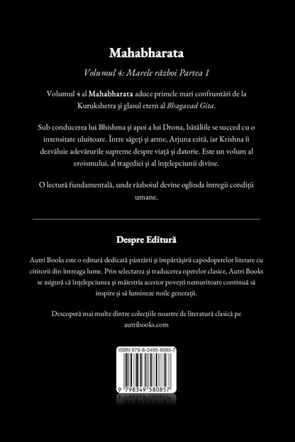 Back cover of a book titled 'Mahabharata' with text in Romanian.