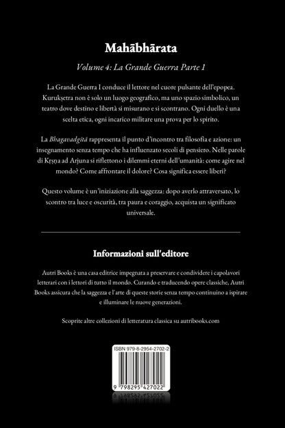 Back cover of a book titled 'Mahèbharata' with text and a barcode on a black background