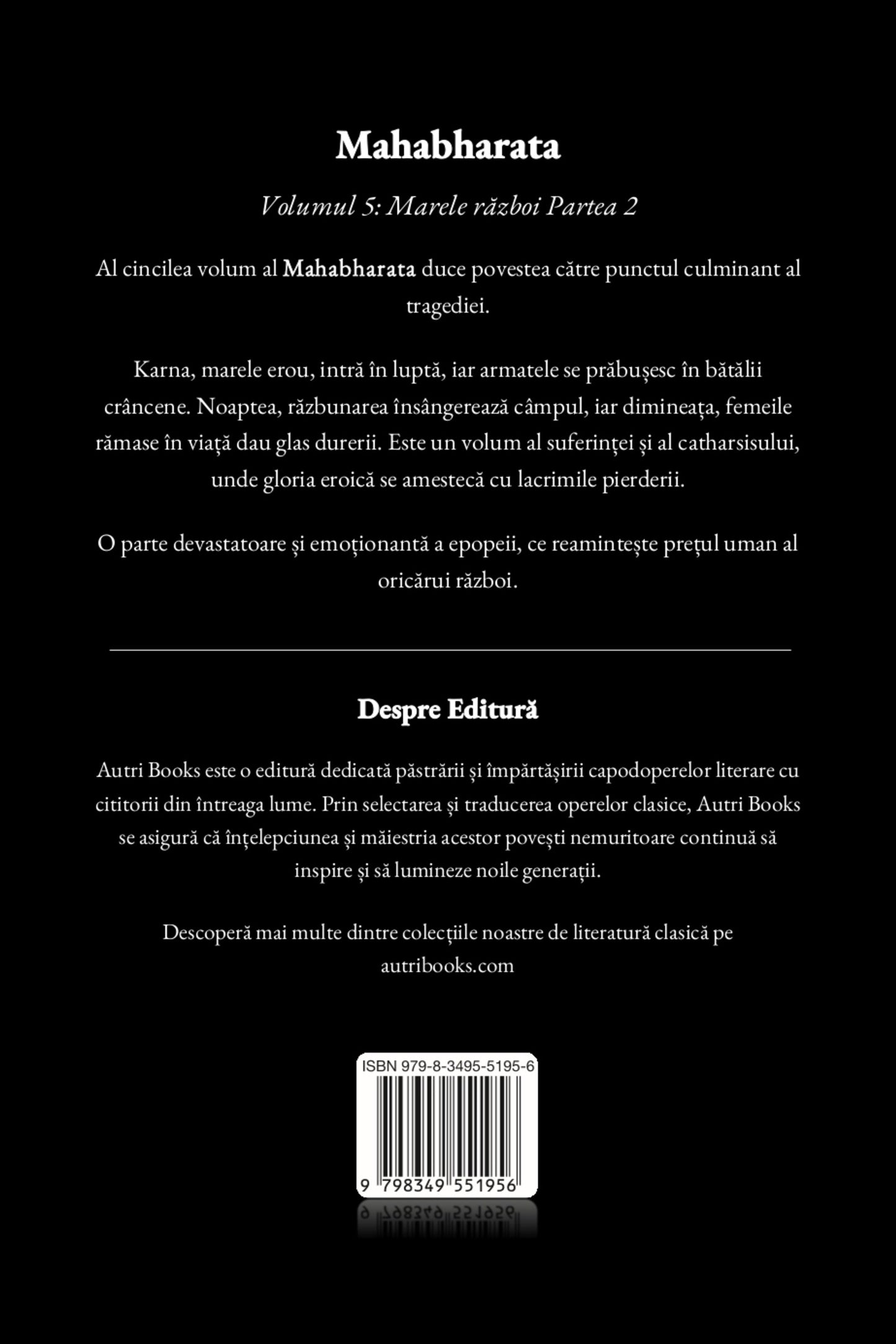 Back cover of a book titled 'Mahabharata' with text and a barcode.