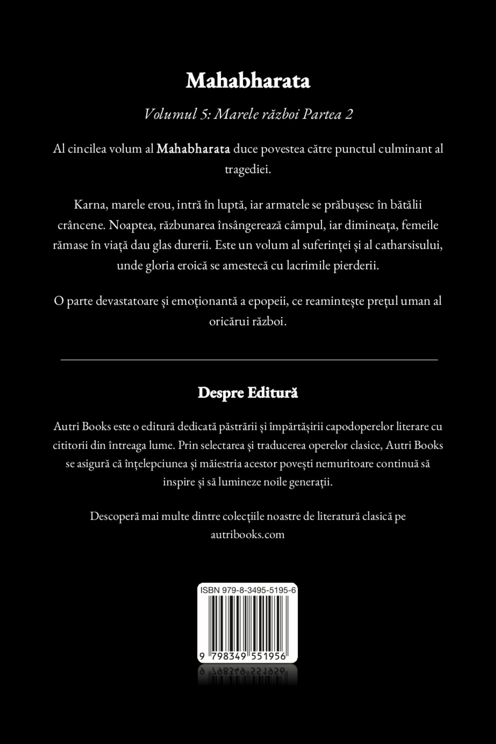 Back cover of a book titled 'Mahabharata' with text and a barcode.