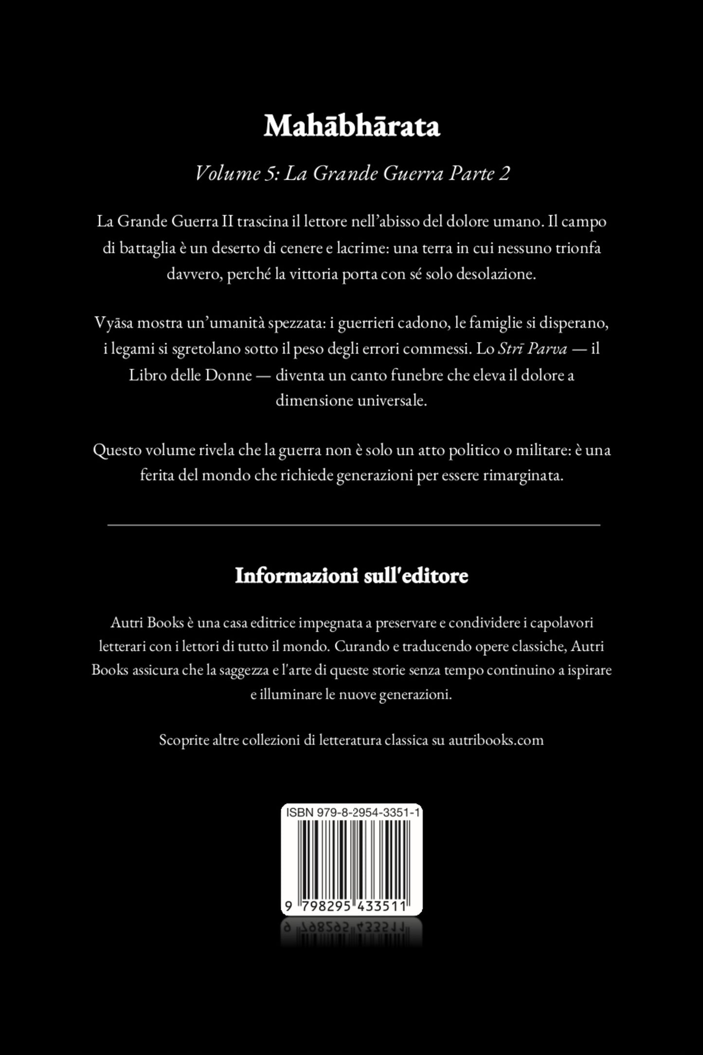 Back cover of a book titled 'Mahèbhárata Volume 5: La Grande Guerra Parte 2' with text and a logo.