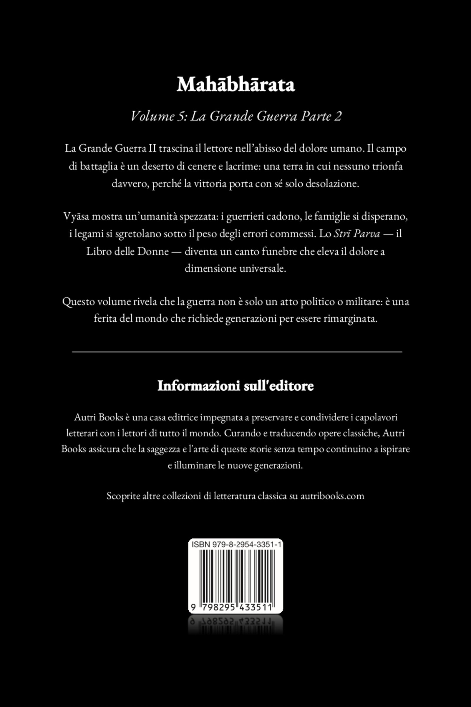 Back cover of a book titled 'Mahèbhárata Volume 5: La Grande Guerra Parte 2' with text and a logo.