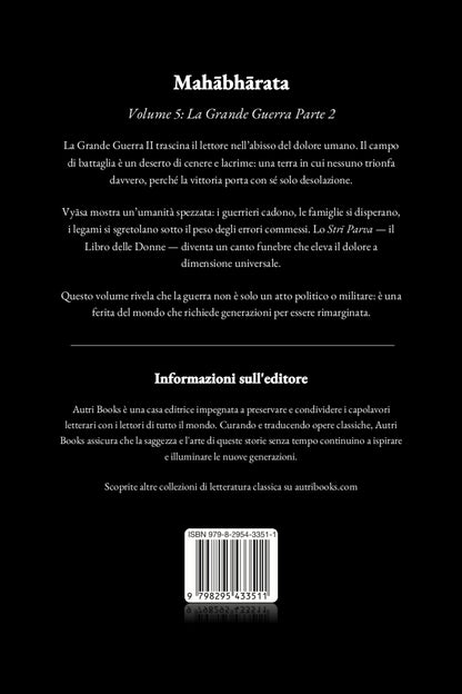 Back cover of a book titled 'Mahèbhárata Volume 5: La Grande Guerra Parte 2' with text and a logo.