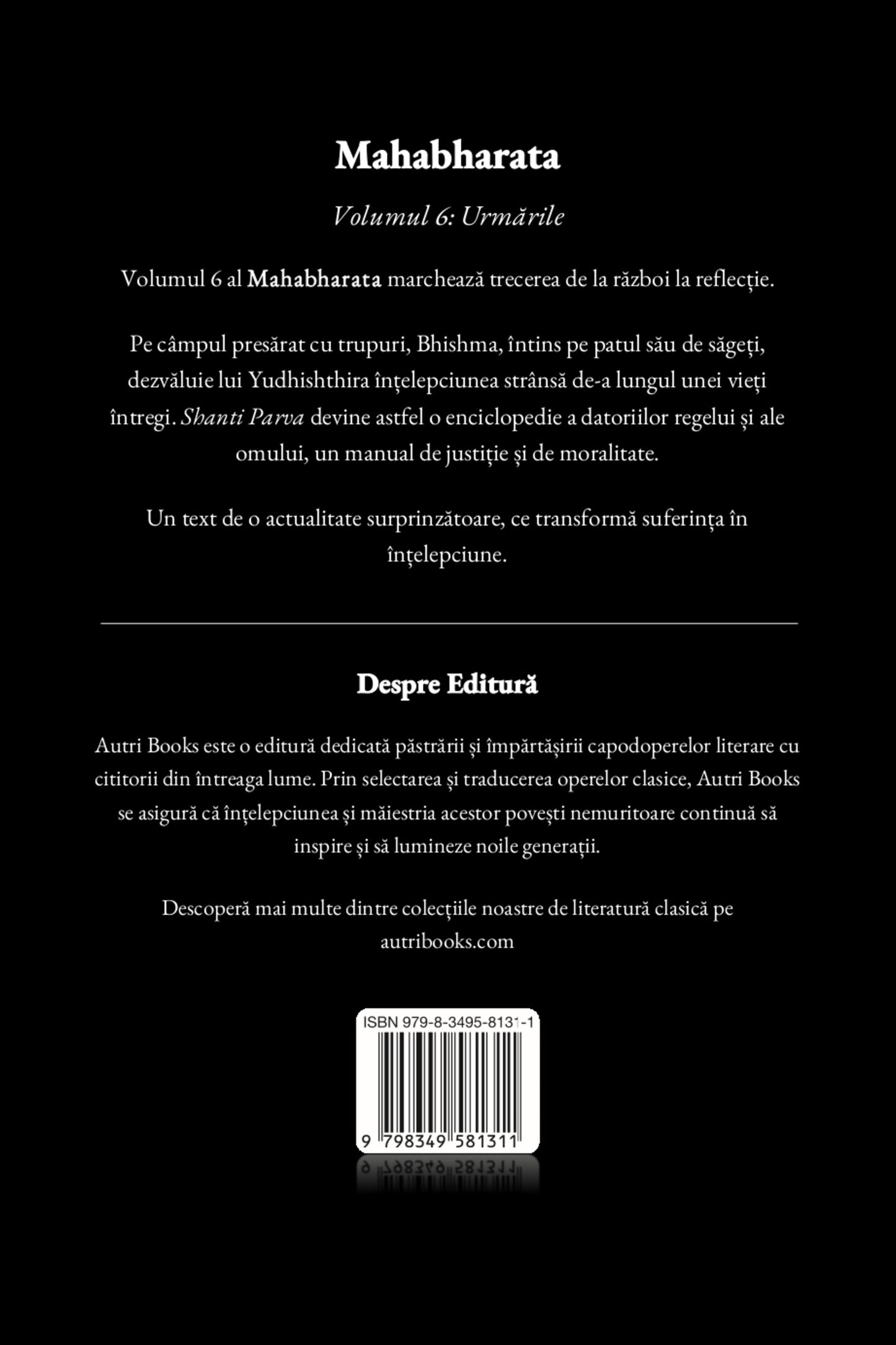 Back cover of a book titled 'Mahabharata' with text in Romanian.