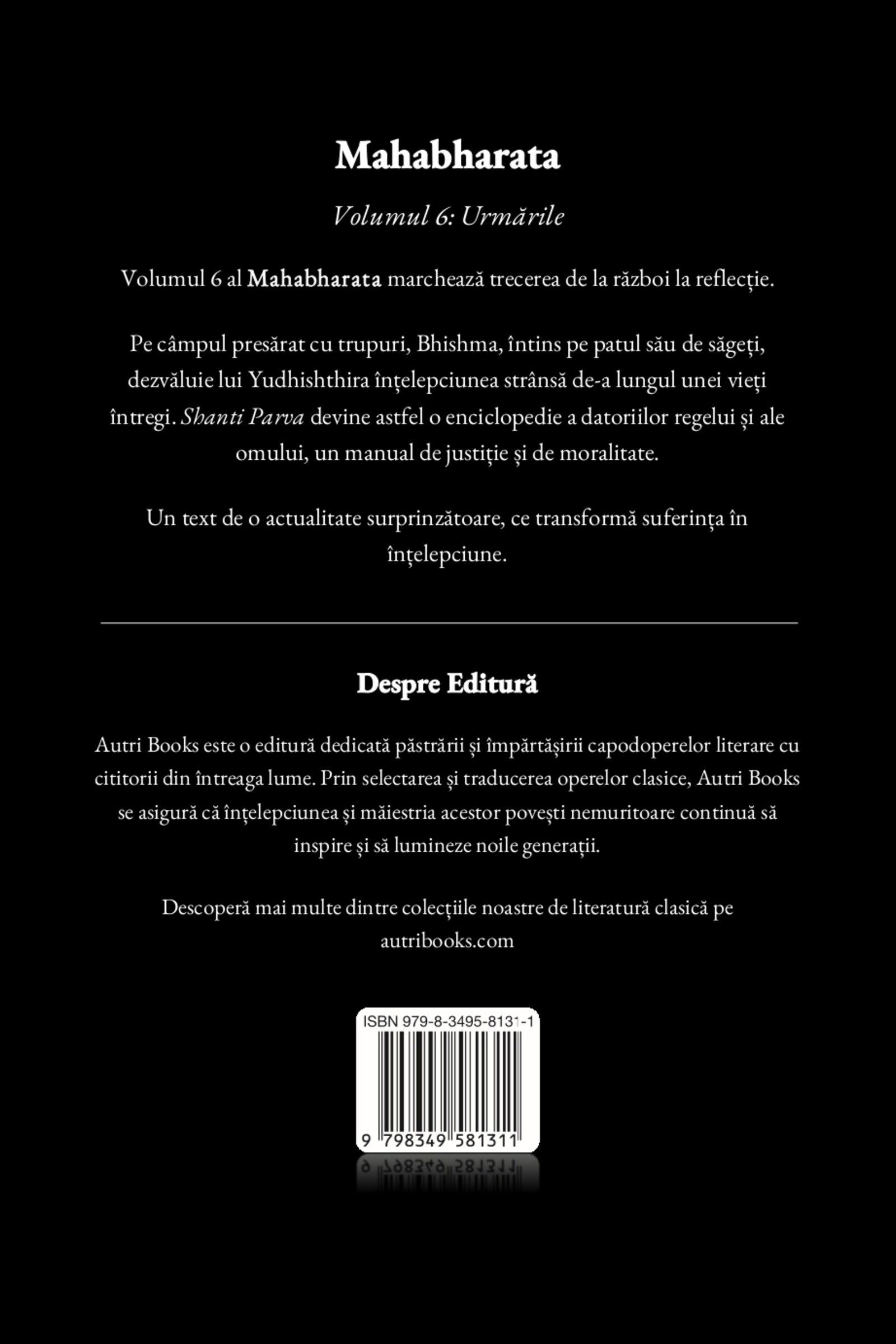 Back cover of a book titled 'Mahabharata' with text in Romanian.