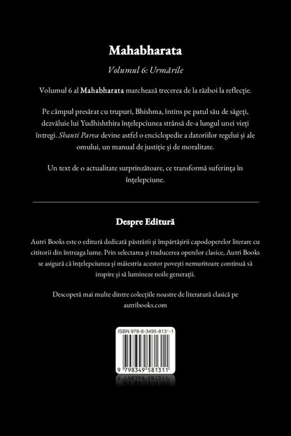 Back cover of a book titled 'Mahabharata' with text in Romanian.