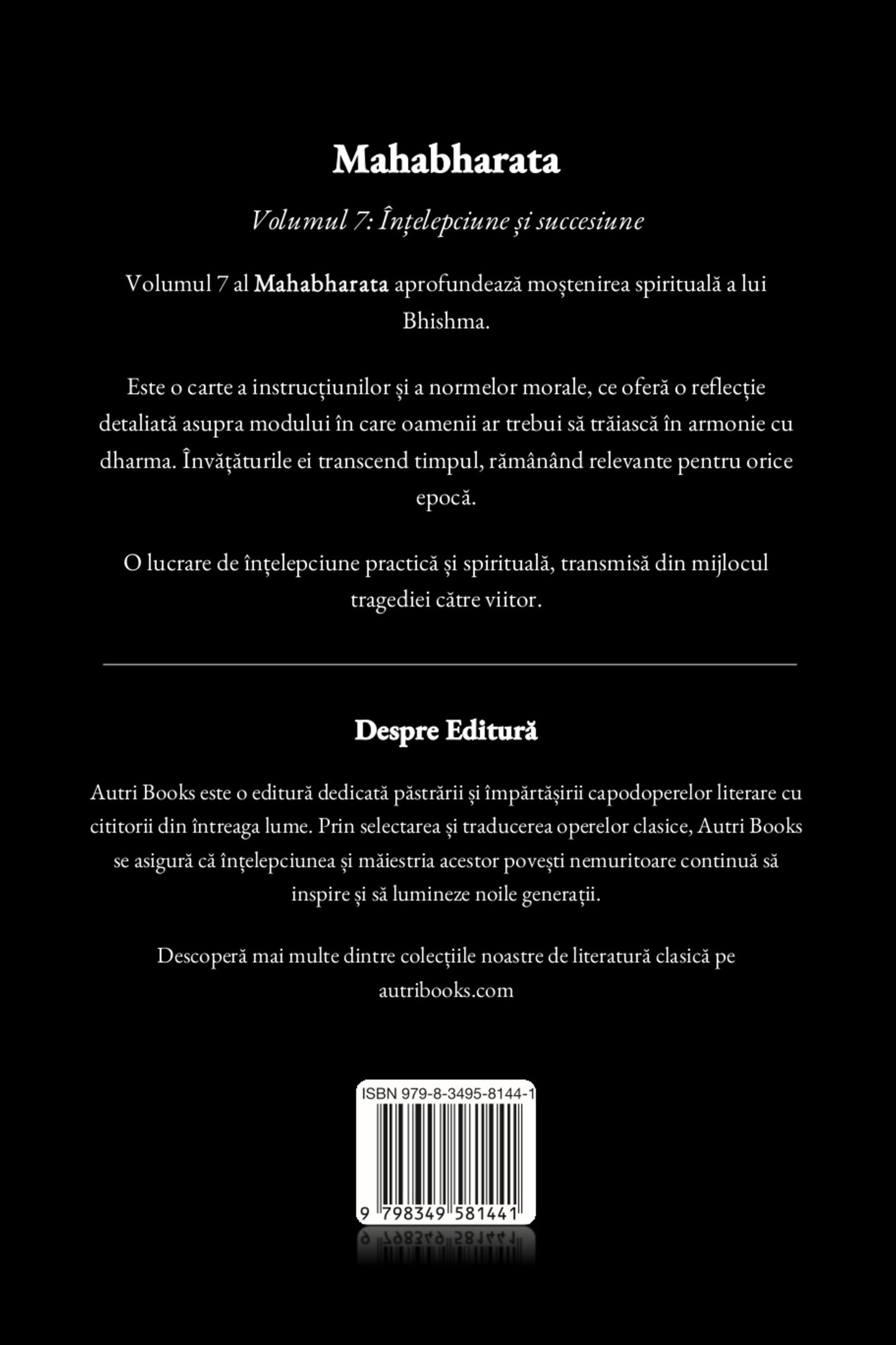 Back cover of a book with text in Romanian about the Mahabharata, published by Auri Books.