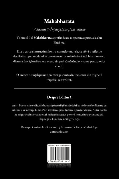Back cover of a book with text in Romanian about the Mahabharata, published by Auri Books.