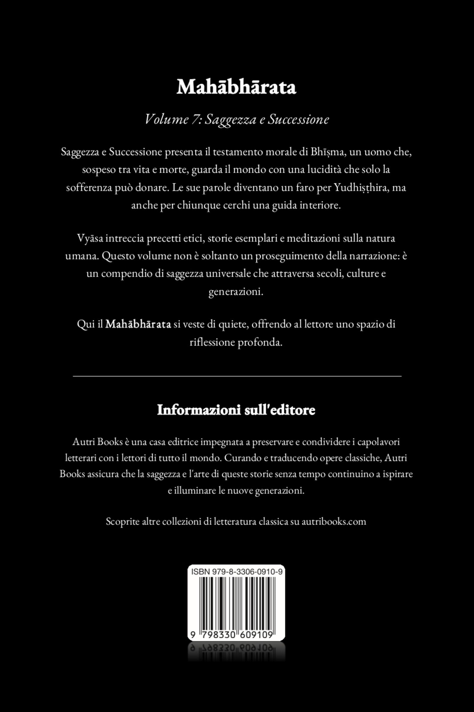 Back cover of a book titled 'Mahäbhárata' with text and a logo.
