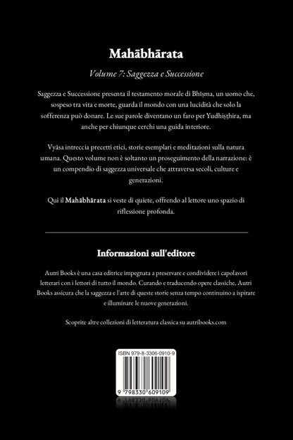 Back cover of a book titled 'Mahäbhárata' with text and a logo.