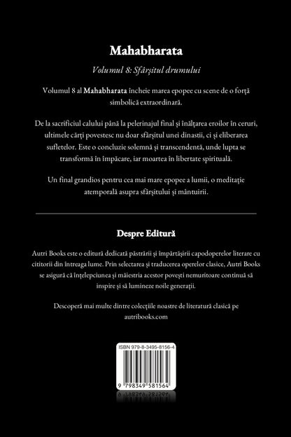 Back cover of a book titled 'Mahabharata' with text and a barcode.