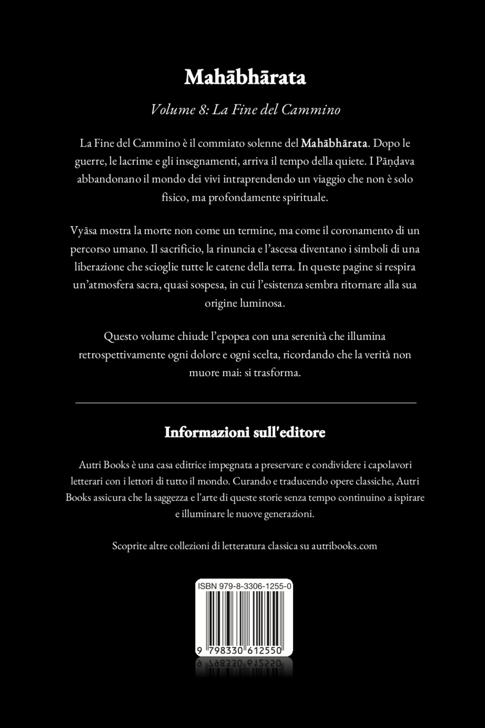 Back cover of a book titled 'Mahabhárata Volume 8' with text and a barcode on a black background.