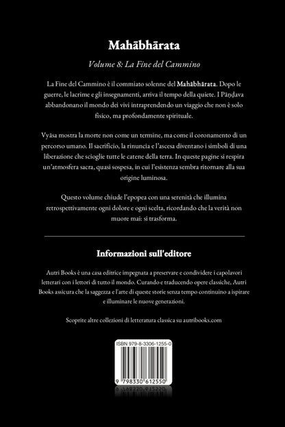 Back cover of a book titled 'Mahabhárata Volume 8' with text and a barcode on a black background.