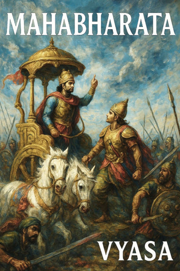 Book cover of 'Mahabharata' by Vyasa featuring a warrior on a chariot with other soldiers in the background.