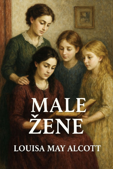 Book cover of 'Male žene' by Louisa May Alcott featuring four women in a warm setting.