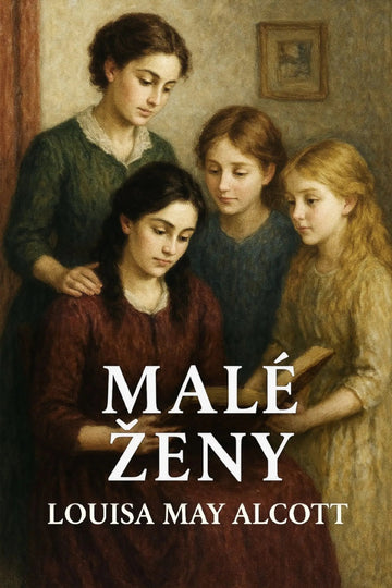 Book cover for 'Malé ženy' by Louisa May Alcott, featuring a classical painting of four women in a warm-toned interior scene with the title and author name in large white text.