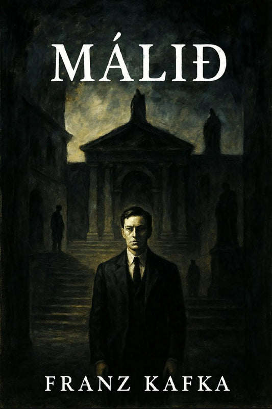 Book cover for 'Málið' by Franz Kafka, featuring a dark, moody painting of a man in a suit standing in front of a classical building, with the title and author name in white text.