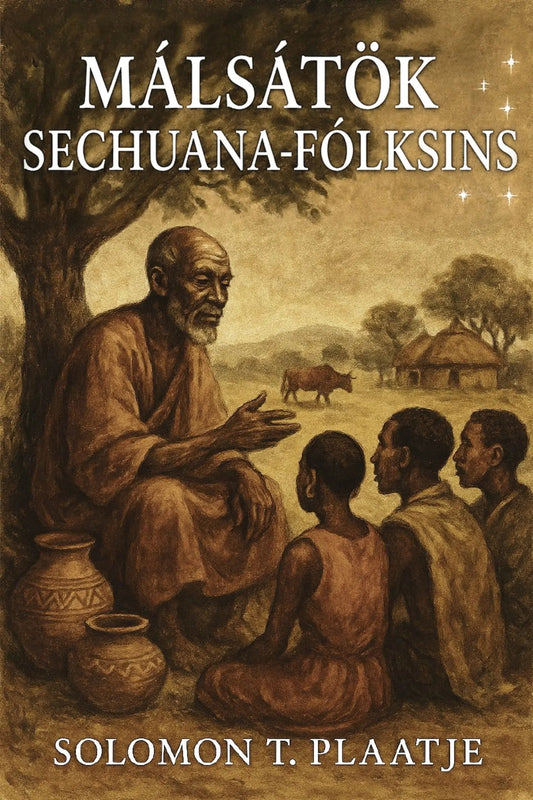 Book cover for 'Málsátök Sechuana-fólksins' by Solomon T. Plaatje, featuring a sepia-toned illustration of an elder speaking to three children outdoors under a tree, with pottery and huts in the background.