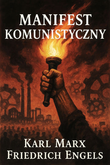 Book cover of 'Manifest komunistyczny' with a hand holding a torch and industrial background.