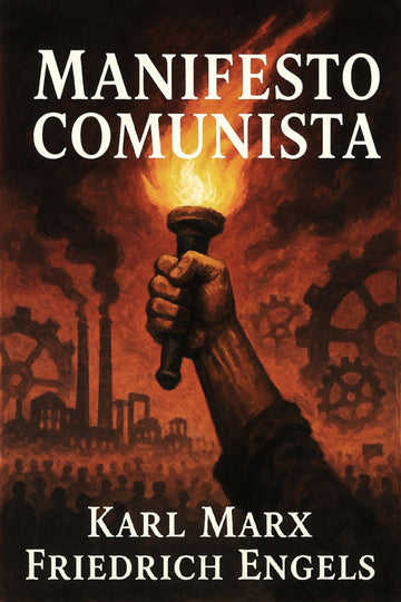 Book cover of 'Manifesto Comunista' with a hand holding a torch against an industrial background.