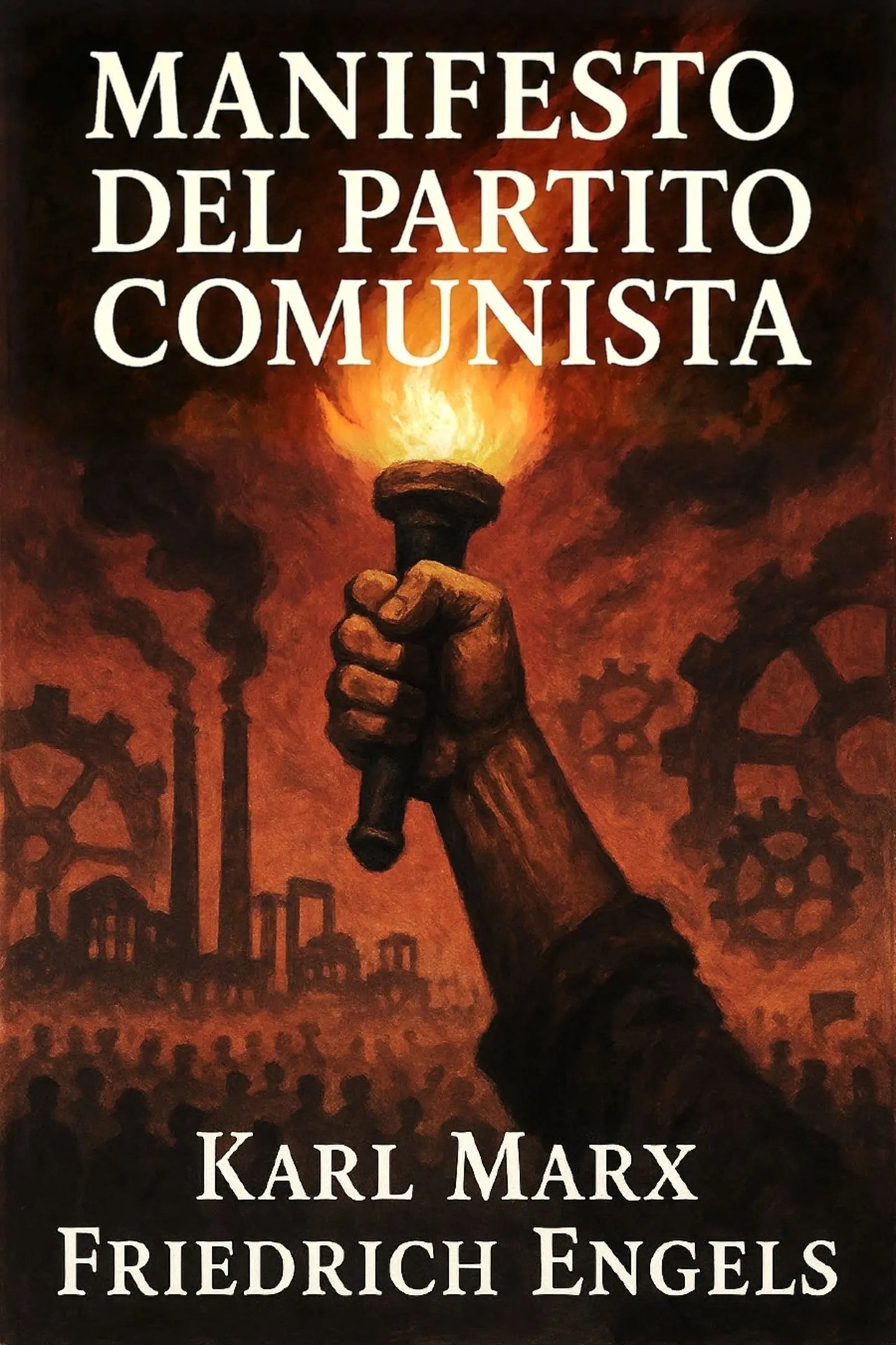 Book cover for 'Manifesto del Partito Comunista' by Karl Marx and Friedrich Engels, featuring a dramatic illustration of a hand holding a lit torch above an industrial crowd scene in fiery red, orange, and black tones.
