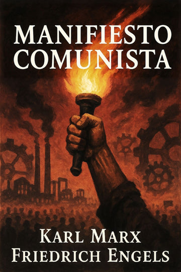 Book cover of 'Manifiesto Comunista' with a hand holding a torch and industrial background.