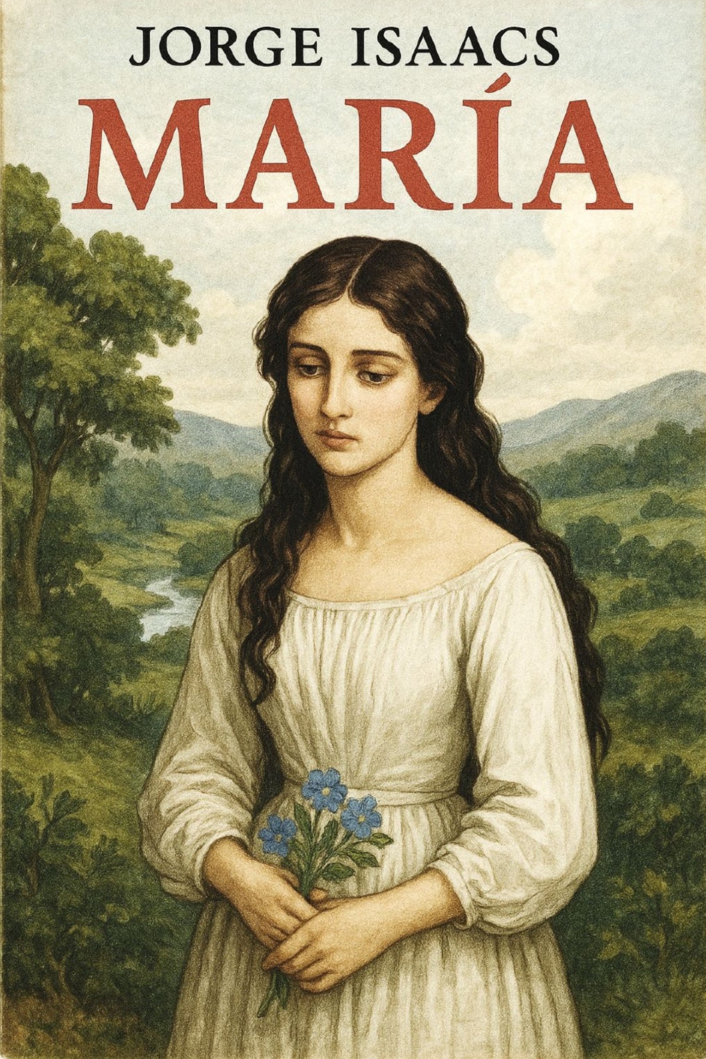 Book cover of 'Maria' by Jorge Isaacs with a woman holding flowers in a scenic background