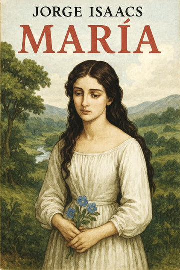 Book cover of 'Maria' by Jorge Isaacs with a woman holding flowers in a scenic background