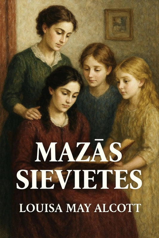 Book cover for 'Mazās sievietes' by Louisa May Alcott, featuring a classical painting of four women in historical clothing with the title in large white text across the center.